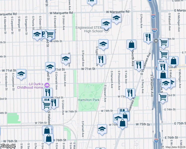map of restaurants, bars, coffee shops, grocery stores, and more near 7128 South Eggleston Avenue in Chicago