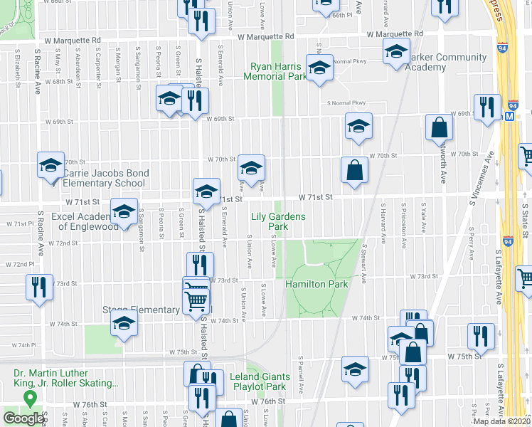map of restaurants, bars, coffee shops, grocery stores, and more near 7124 South Lowe Avenue in Chicago