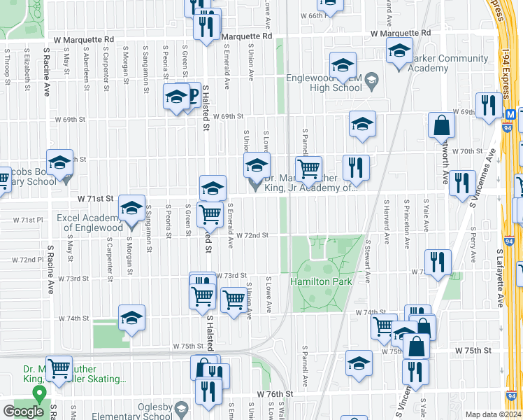 map of restaurants, bars, coffee shops, grocery stores, and more near 7124 South Lowe Avenue in Chicago