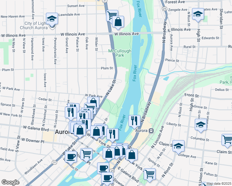 map of restaurants, bars, coffee shops, grocery stores, and more near 430 North River Street in Aurora