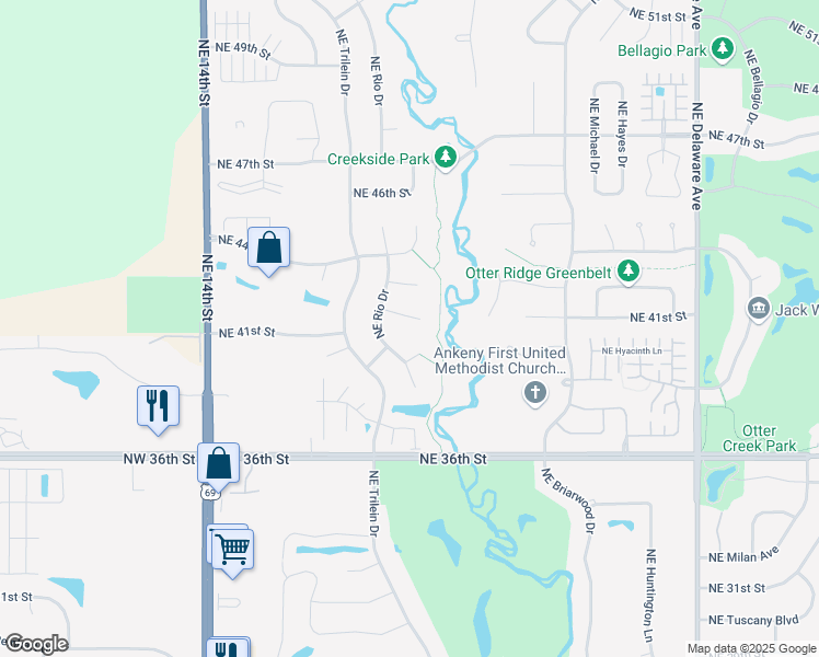 map of restaurants, bars, coffee shops, grocery stores, and more near 515 NE 42nd Ct in Ankeny