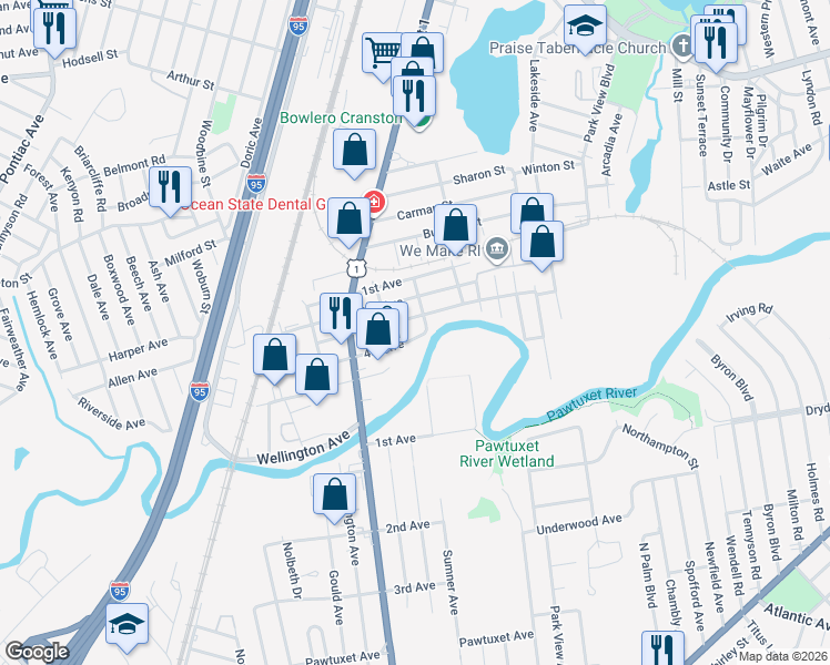 map of restaurants, bars, coffee shops, grocery stores, and more near 100 4th Avenue in Cranston