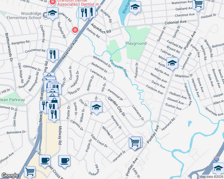 map of restaurants, bars, coffee shops, grocery stores, and more near 24 Perennial Drive in Cranston