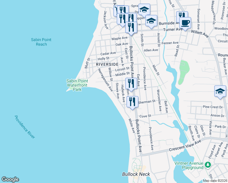 map of restaurants, bars, coffee shops, grocery stores, and more near 1 River Street in East Providence