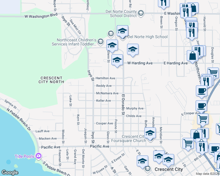 map of restaurants, bars, coffee shops, grocery stores, and more near 877 Fresno Street in Crescent City