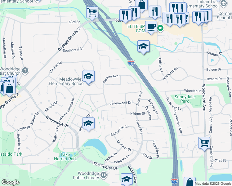 map of restaurants, bars, coffee shops, grocery stores, and more near 6 Pheasant Court in Woodridge