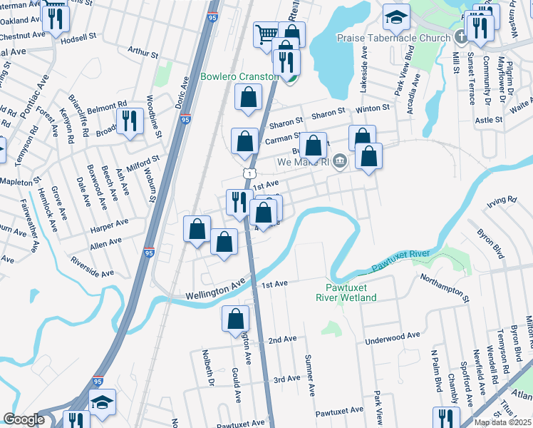 map of restaurants, bars, coffee shops, grocery stores, and more near 92 3rd Avenue in Cranston