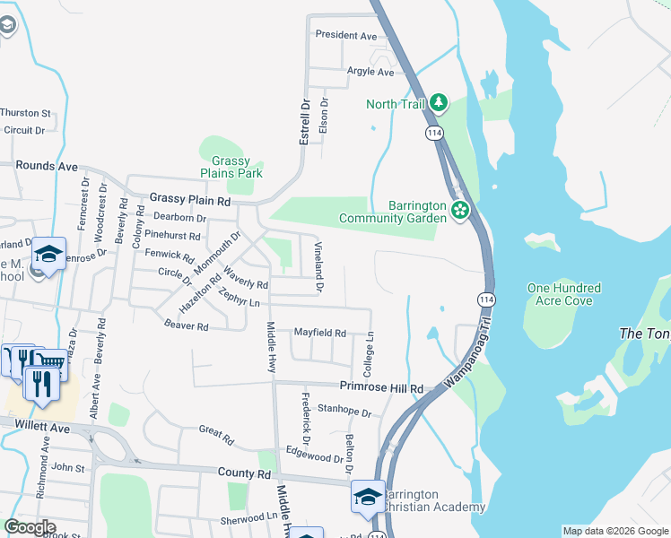 map of restaurants, bars, coffee shops, grocery stores, and more near 8 Saint Andrews Way in Barrington