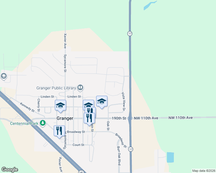 map of restaurants, bars, coffee shops, grocery stores, and more near 2208 Aspen Drive in Granger
