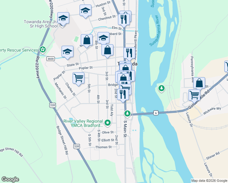 map of restaurants, bars, coffee shops, grocery stores, and more near 508 2nd Street in Towanda