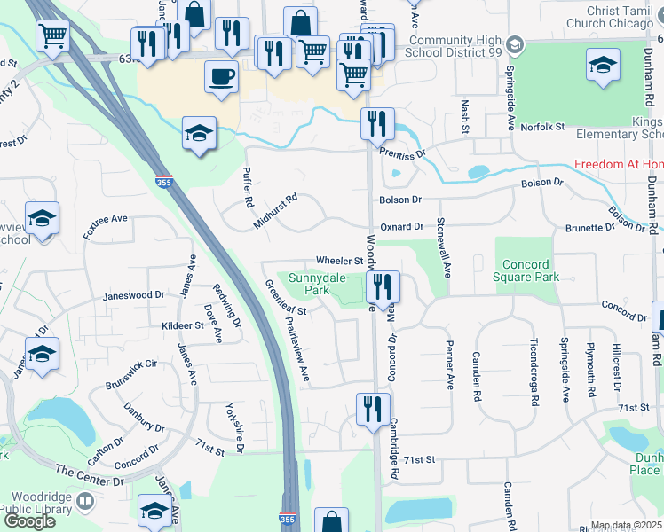 map of restaurants, bars, coffee shops, grocery stores, and more near 2037 Wheeler Street in Woodridge