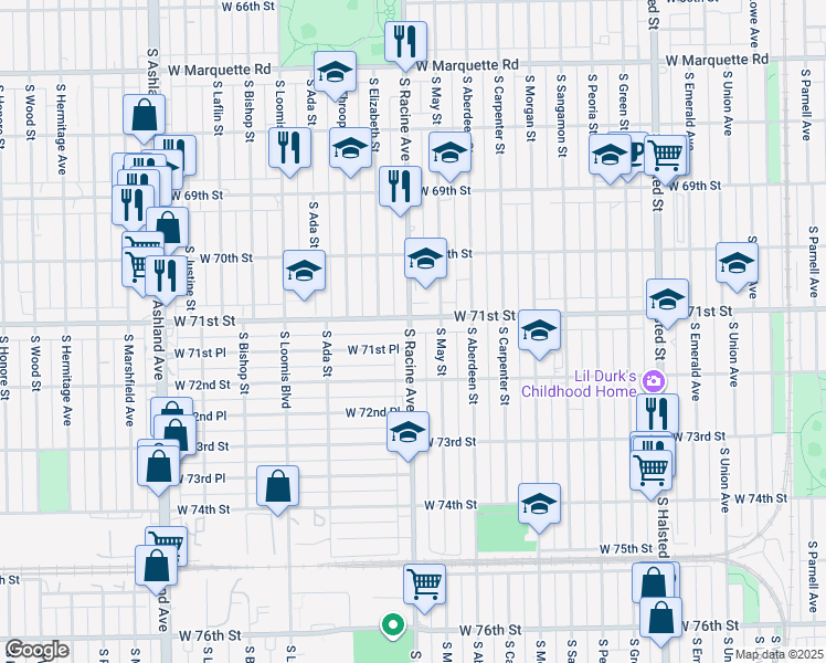 map of restaurants, bars, coffee shops, grocery stores, and more near 7111 South Racine Avenue in Chicago
