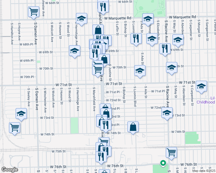 map of restaurants, bars, coffee shops, grocery stores, and more near 1543 West 71st Street in Chicago