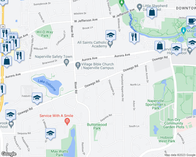 map of restaurants, bars, coffee shops, grocery stores, and more near 1221 Oswego Road in Naperville