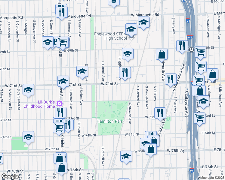 map of restaurants, bars, coffee shops, grocery stores, and more near 7134 S Normal Ave in Chicago