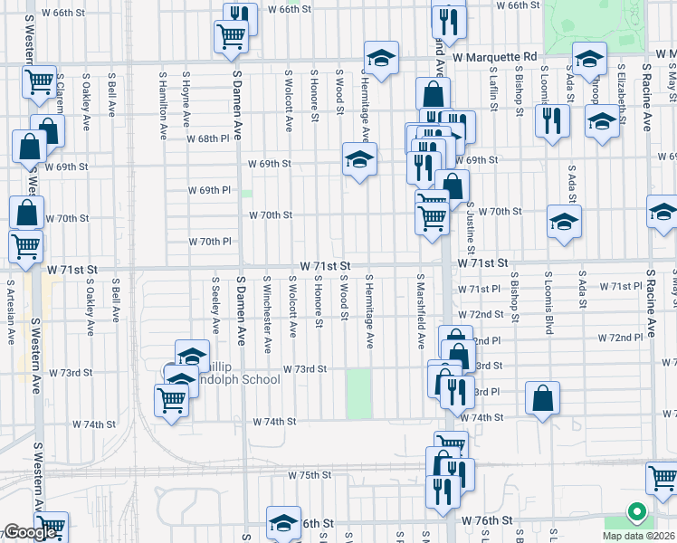 map of restaurants, bars, coffee shops, grocery stores, and more near 1803 West 71st Street in Chicago