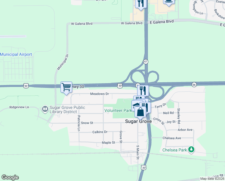 map of restaurants, bars, coffee shops, grocery stores, and more near 151 Meadows Drive in Sugar Grove