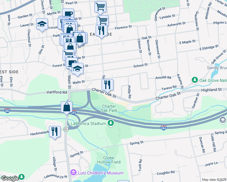 map of restaurants, bars, coffee shops, grocery stores, and more near 125 Charter Oak Street in Manchester