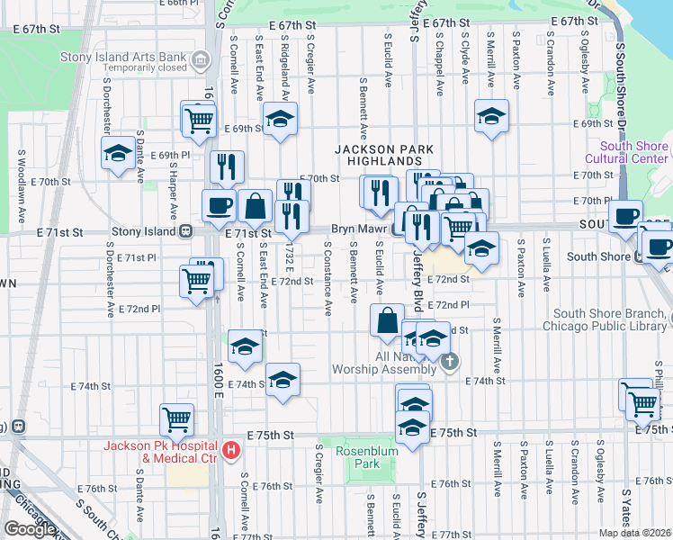 map of restaurants, bars, coffee shops, grocery stores, and more near 7151 South Constance Avenue in Chicago