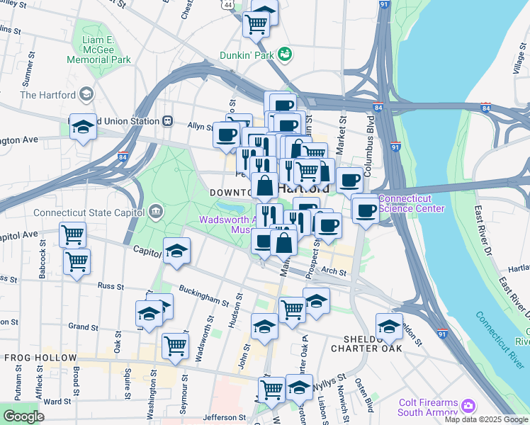 map of restaurants, bars, coffee shops, grocery stores, and more near 8 Trumbull Street in Hartford