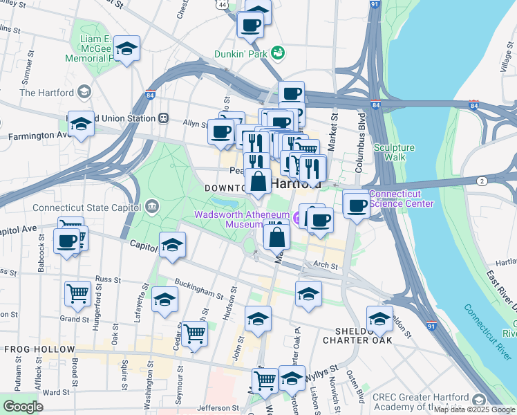 map of restaurants, bars, coffee shops, grocery stores, and more near 8 Trumbull Street in Hartford