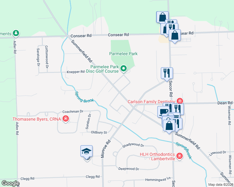 map of restaurants, bars, coffee shops, grocery stores, and more near 8241 Summerfield Road in Lambertville