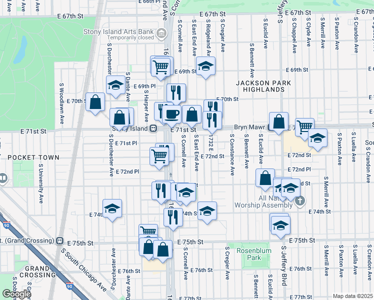 map of restaurants, bars, coffee shops, grocery stores, and more near 7152 South Cornell Avenue in Chicago