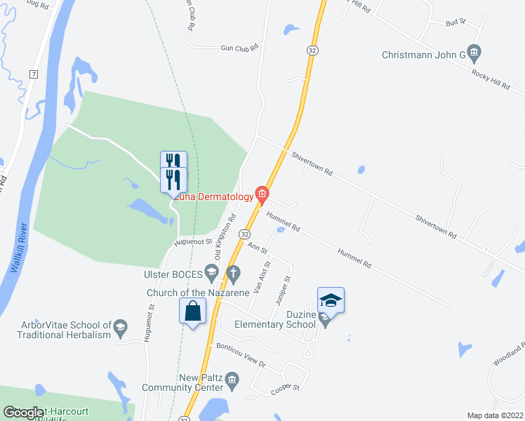 map of restaurants, bars, coffee shops, grocery stores, and more near 3 Hummel Road in New Paltz