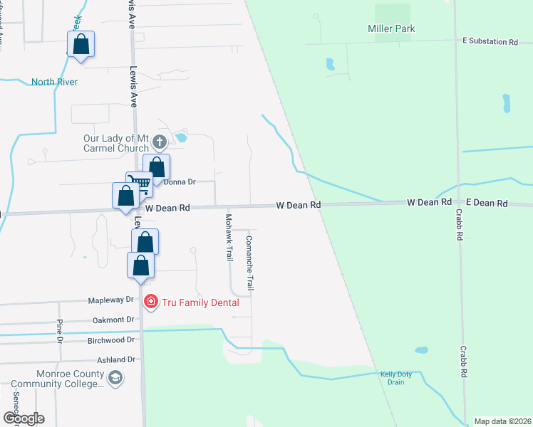 map of restaurants, bars, coffee shops, grocery stores, and more near 597 West Dean Road in Temperance