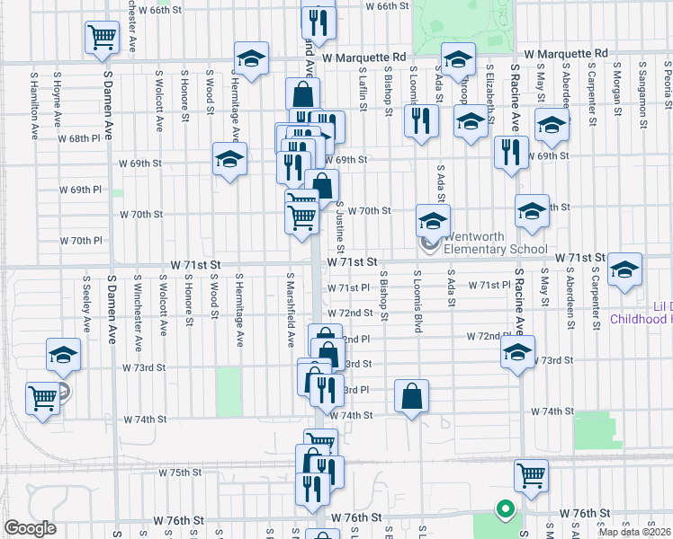 map of restaurants, bars, coffee shops, grocery stores, and more near 1543 West 71st Street in Chicago