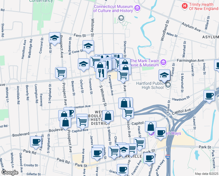 map of restaurants, bars, coffee shops, grocery stores, and more near 45 Evergreen Avenue in Hartford