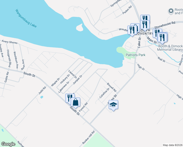 map of restaurants, bars, coffee shops, grocery stores, and more near 205 Echo Road in Coventry