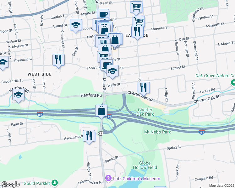 map of restaurants, bars, coffee shops, grocery stores, and more near 56 Charter Oak Street in Manchester