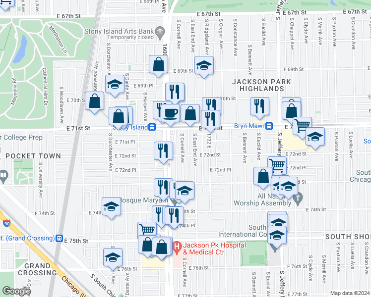 map of restaurants, bars, coffee shops, grocery stores, and more near 7147 South Cornell Avenue in Chicago