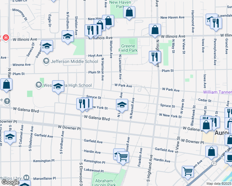 map of restaurants, bars, coffee shops, grocery stores, and more near 812 Charles Street in Aurora