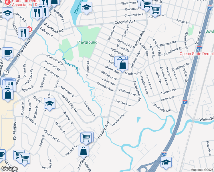 map of restaurants, bars, coffee shops, grocery stores, and more near 54 Fordson Avenue in Cranston
