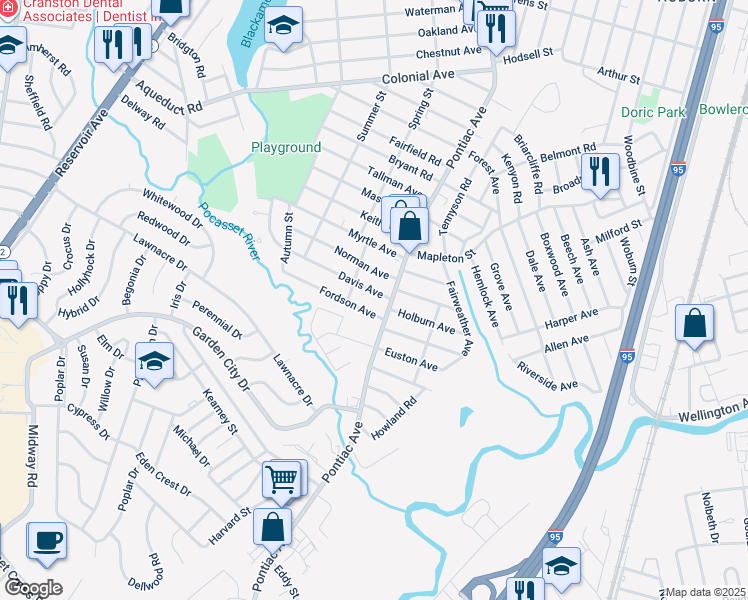 map of restaurants, bars, coffee shops, grocery stores, and more near 11 Fordson Avenue in Cranston
