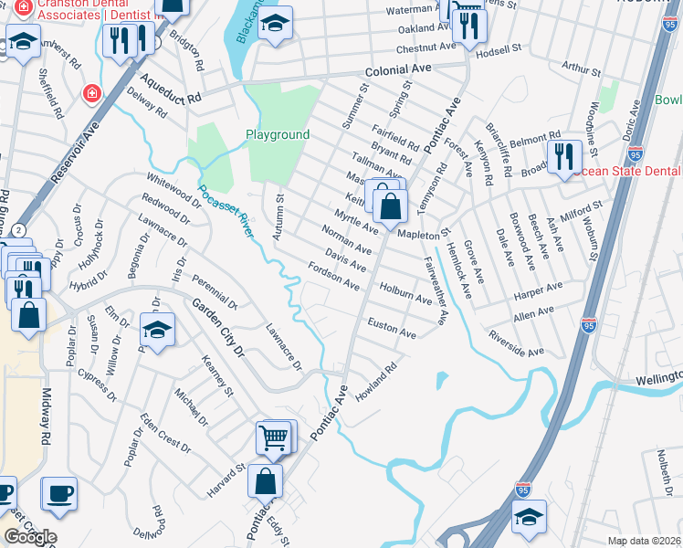 map of restaurants, bars, coffee shops, grocery stores, and more near 54 Fordson Avenue in Cranston