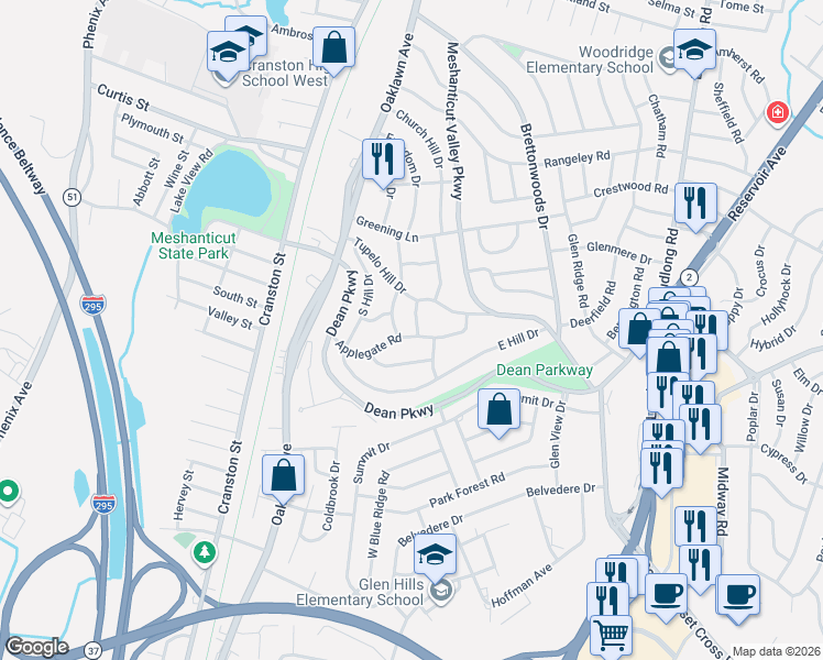 map of restaurants, bars, coffee shops, grocery stores, and more near 77 Applegate Road in Cranston
