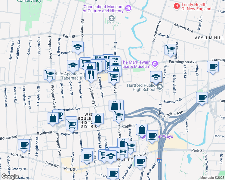 map of restaurants, bars, coffee shops, grocery stores, and more near 22 Gray Street in Hartford