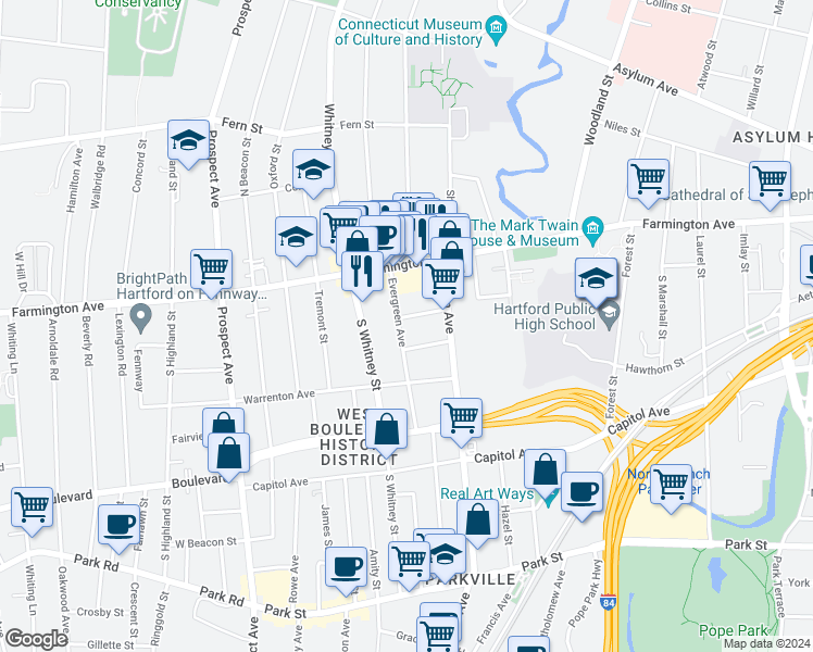 map of restaurants, bars, coffee shops, grocery stores, and more near 45 Evergreen Avenue in Hartford