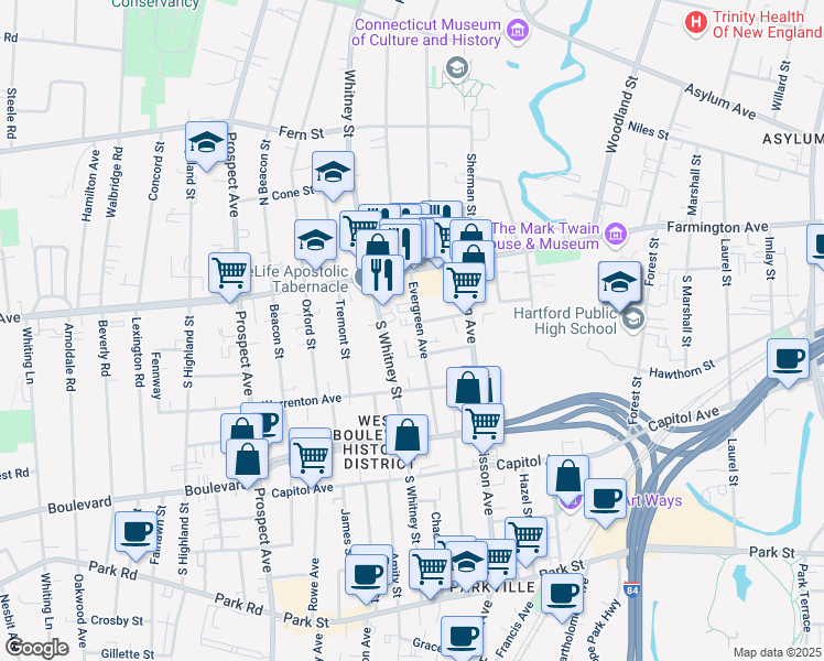map of restaurants, bars, coffee shops, grocery stores, and more near 45 Evergreen Avenue in Hartford