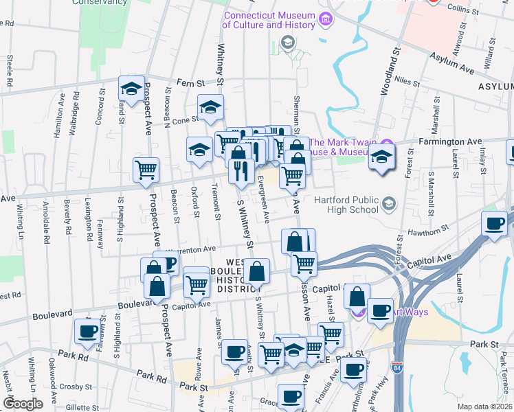 map of restaurants, bars, coffee shops, grocery stores, and more near 45 Evergreen Avenue in Hartford