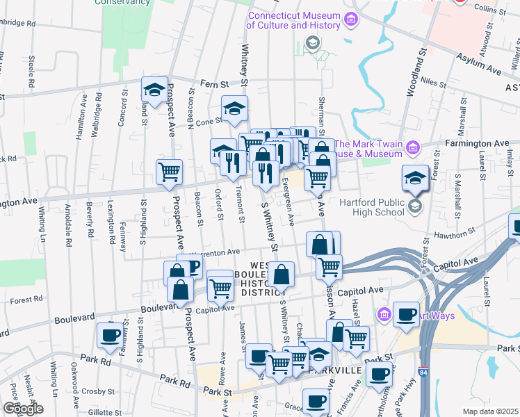 map of restaurants, bars, coffee shops, grocery stores, and more near 229 South Whitney Street in Hartford