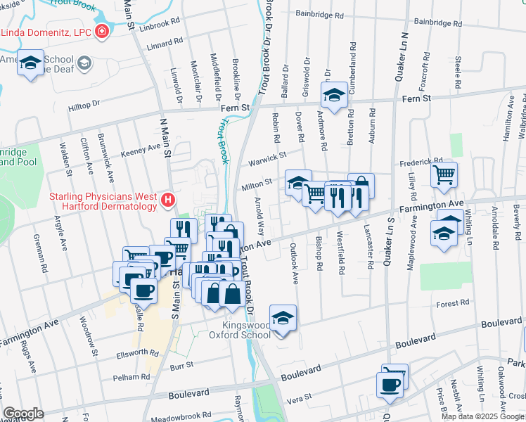map of restaurants, bars, coffee shops, grocery stores, and more near 29 Robin Road in West Hartford