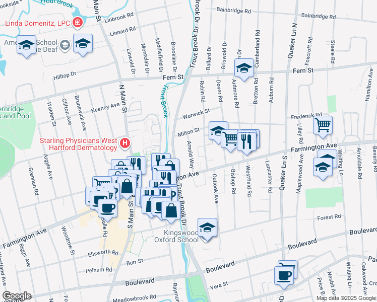 map of restaurants, bars, coffee shops, grocery stores, and more near 1016 Trout Brook Drive in West Hartford