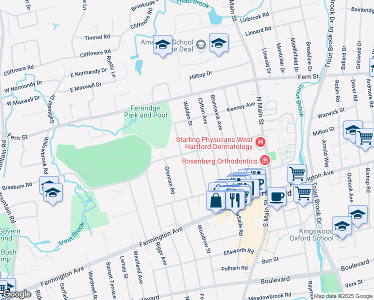 map of restaurants, bars, coffee shops, grocery stores, and more near 134 Whitman Avenue in West Hartford