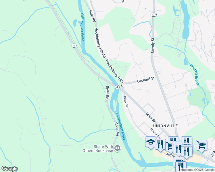 map of restaurants, bars, coffee shops, grocery stores, and more near 218 River Road in Farmington