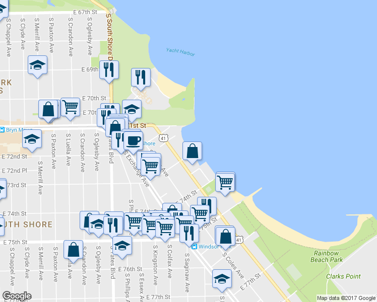 map of restaurants, bars, coffee shops, grocery stores, and more near 7300 South Lake Park Avenue in Chicago