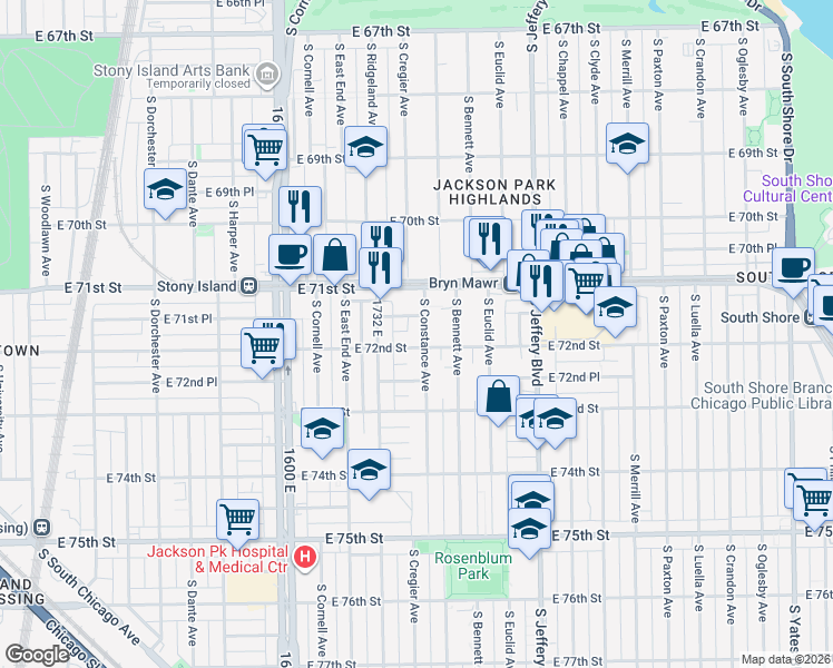 map of restaurants, bars, coffee shops, grocery stores, and more near 7151 South Constance Avenue in Chicago